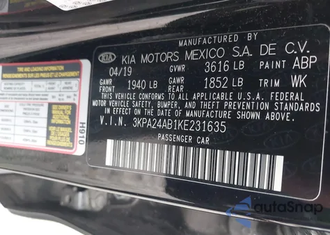 2019 Kia Rio Lx from USA, damaged, VIN 3KPA24AB1KE231635
